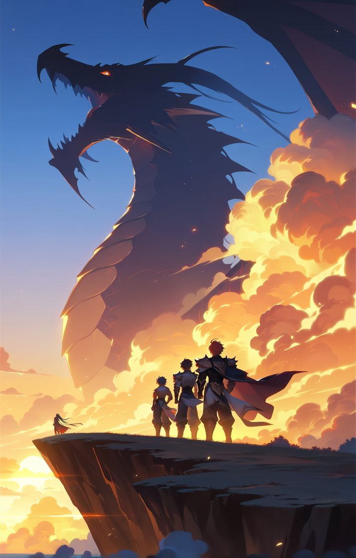 Fantasy illustration: dragon and heroes at magic hour